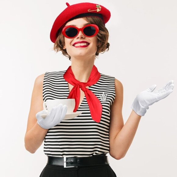 Women Girls French Outfits Accessories 6 Pcs Red Beret Scarf Gloves Sunglasses B main image 6